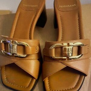 J. Crew Tan Leather Heels with Gold Accent